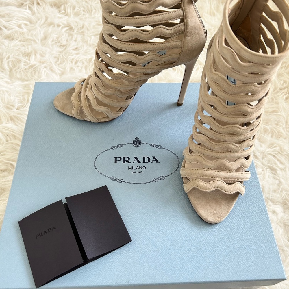 Prada Wavy Suede Caged Heels sz 39